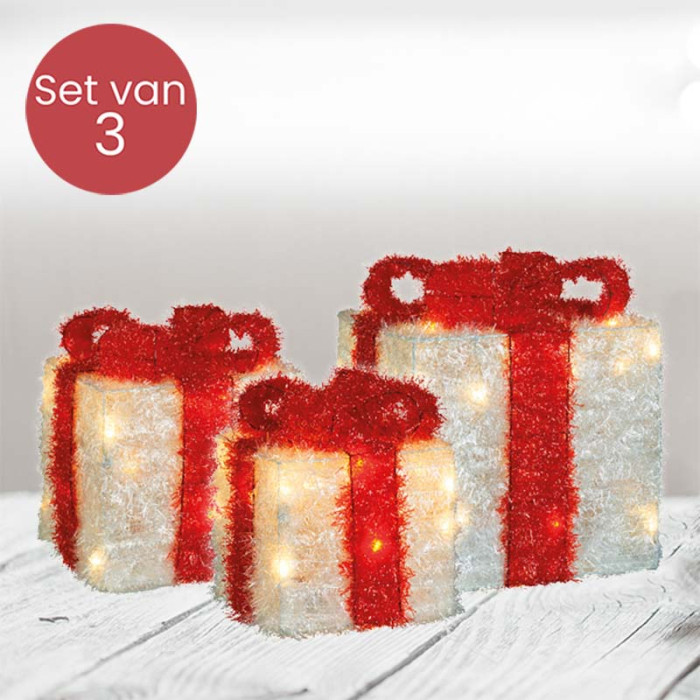 Lametta cadeau set van 3 met LED verlichting - wit rood