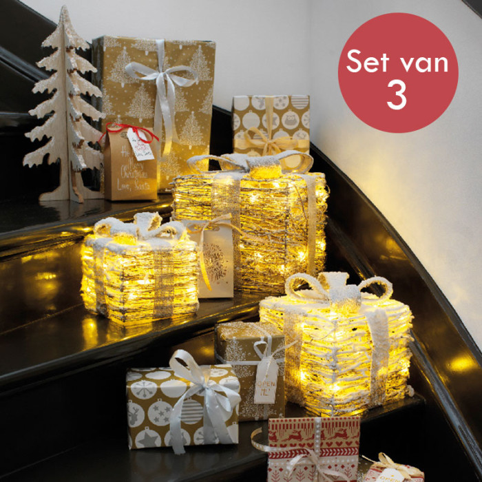 Rotan cadeau set van 3 met LED verlichting - beige