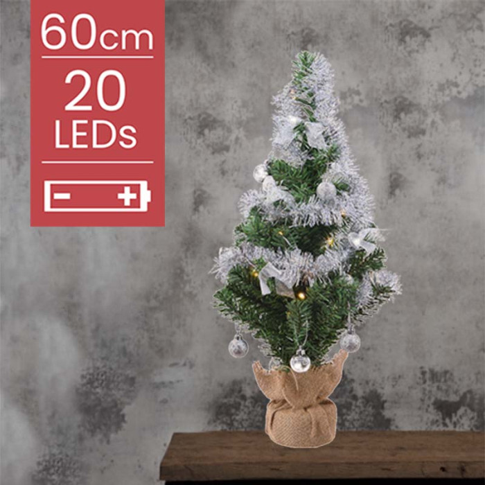 Kunstkerstboom met zilveren versiering op batterijen - 20 micro LED lampjes - 60CM 