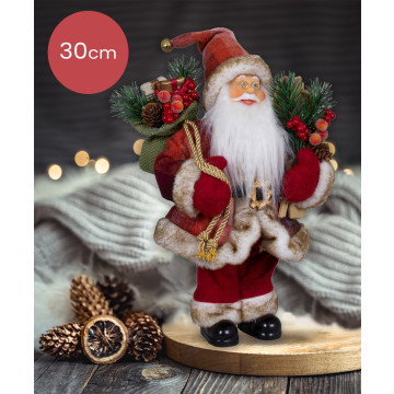 Vrolijke rode handgemaakte Kerstman Jacob met een zak vol cadeautjes en versiering - 30cm