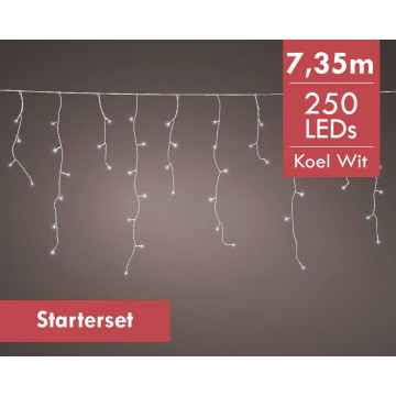 Koppelbare ijspegels LED - koel wit licht - 7,35M - 250 lampjes -div lichtstanden - Starterset met transformator